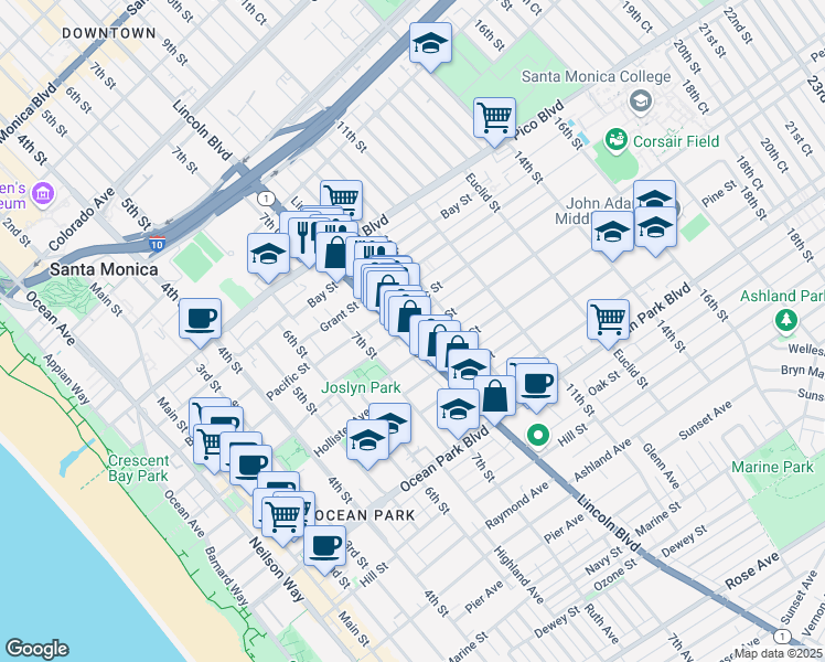 map of restaurants, bars, coffee shops, grocery stores, and more near 2311 Pacific Coast Highway in Santa Monica