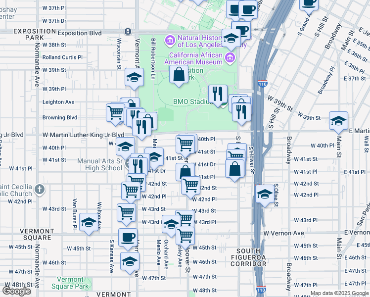 map of restaurants, bars, coffee shops, grocery stores, and more near 4057 South Hoover Street in Los Angeles