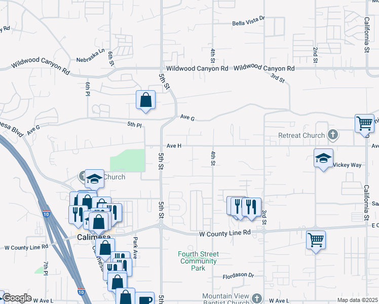 map of restaurants, bars, coffee shops, grocery stores, and more near 13404 Limestone Drive in Yucaipa