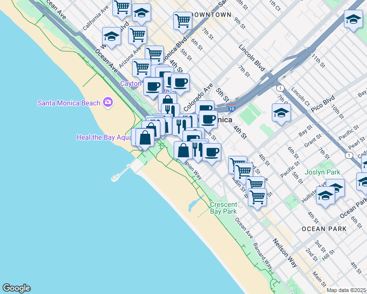 map of restaurants, bars, coffee shops, grocery stores, and more near 1667 Appian Way in Santa Monica
