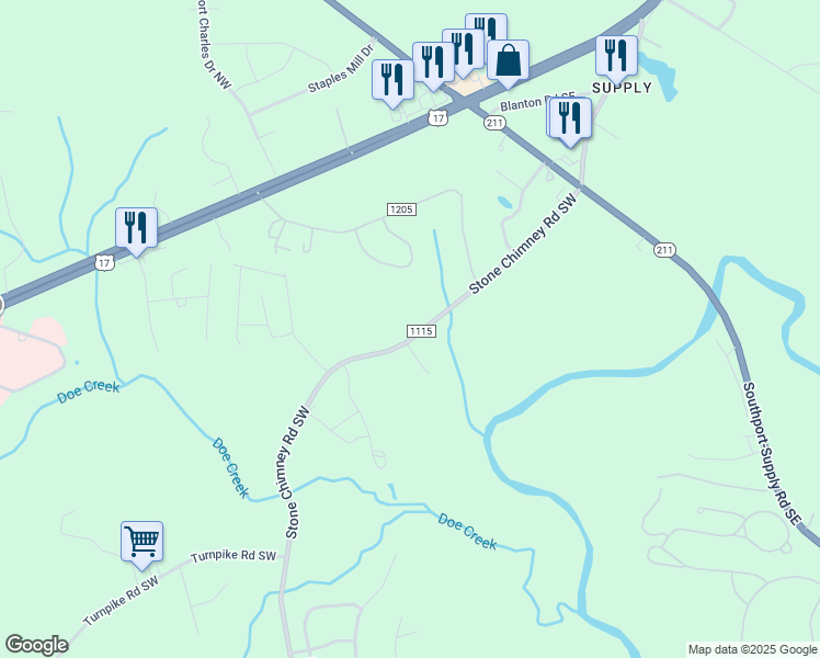 map of restaurants, bars, coffee shops, grocery stores, and more near 355 Stone Chimney Road Southwest in Brunswick County