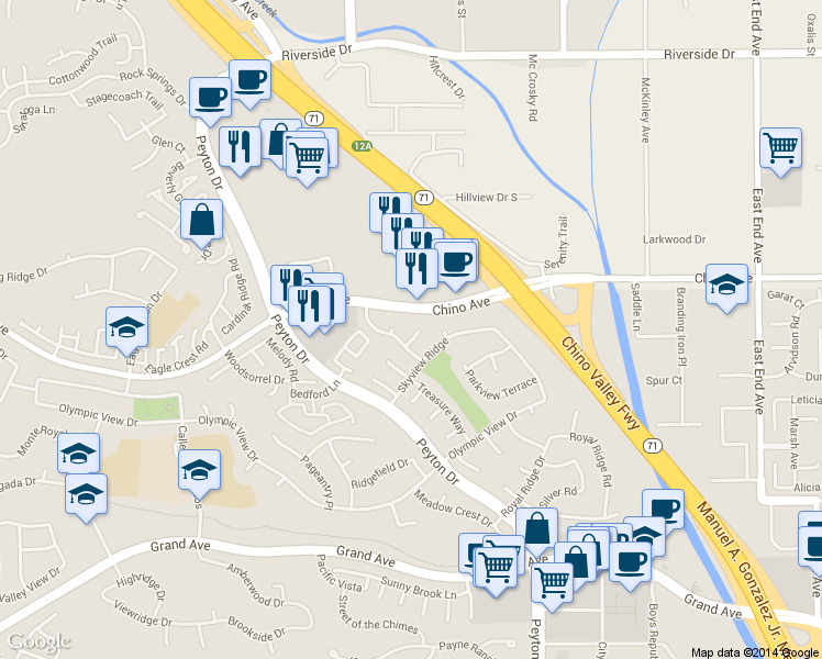 map of restaurants, bars, coffee shops, grocery stores, and more near 3078 Clove Landing Road in Chino Hills
