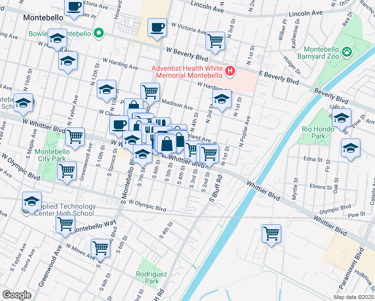 map of restaurants, bars, coffee shops, grocery stores, and more near 400 West Whittier Boulevard in Montebello