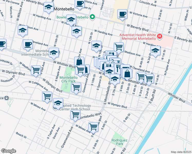 map of restaurants, bars, coffee shops, grocery stores, and more near 124 South Spruce Street in Montebello
