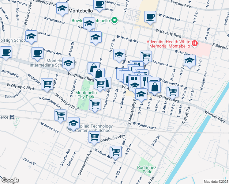 map of restaurants, bars, coffee shops, grocery stores, and more near 133 South 10th Street in Montebello