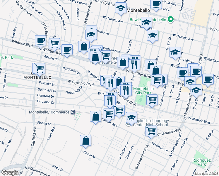 map of restaurants, bars, coffee shops, grocery stores, and more near 1703 West Olympic Boulevard in Montebello