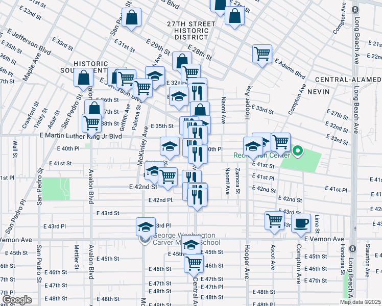map of restaurants, bars, coffee shops, grocery stores, and more near 4067 South Central Avenue in Los Angeles
