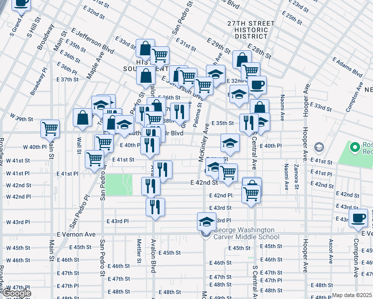 map of restaurants, bars, coffee shops, grocery stores, and more near 723 East 41st Street in Los Angeles