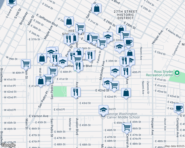 map of restaurants, bars, coffee shops, grocery stores, and more near 723 East 41st Street in Los Angeles