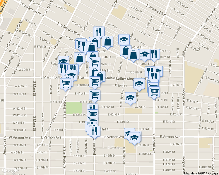 map of restaurants, bars, coffee shops, grocery stores, and more near 723 East 41st Street in Los Angeles
