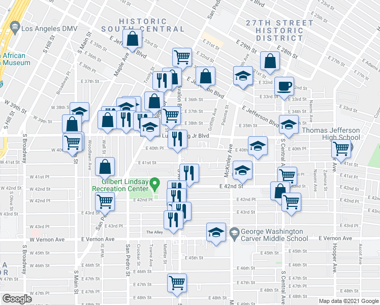 map of restaurants, bars, coffee shops, grocery stores, and more near 641 East 41st Street in Los Angeles