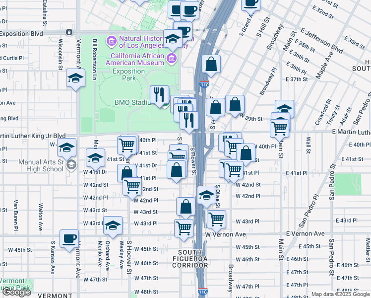 map of restaurants, bars, coffee shops, grocery stores, and more near 4072 South Figueroa Street in Los Angeles