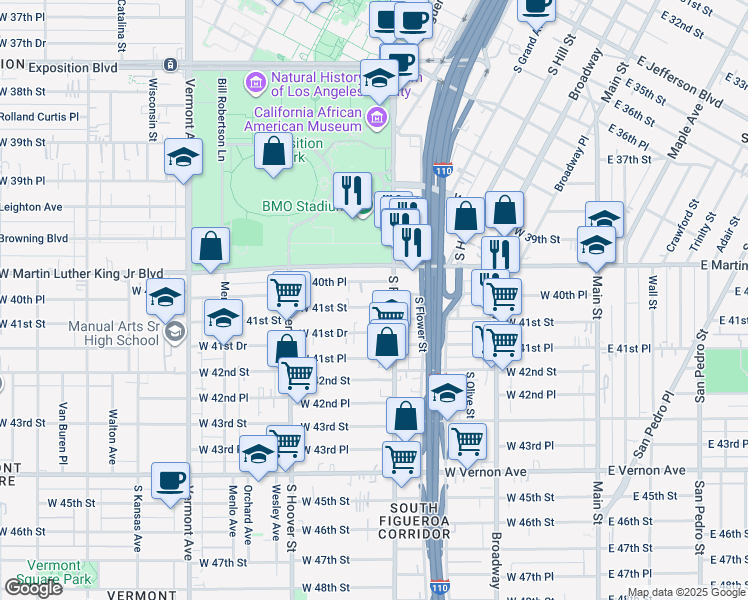 map of restaurants, bars, coffee shops, grocery stores, and more near 548 West 41st Street in Los Angeles