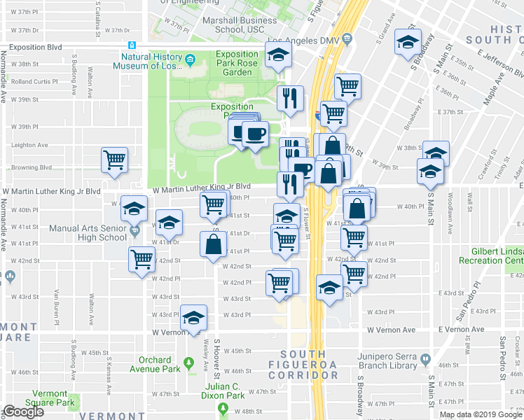 map of restaurants, bars, coffee shops, grocery stores, and more near 548 West 41st Street in Los Angeles