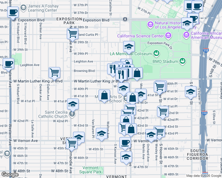 map of restaurants, bars, coffee shops, grocery stores, and more near 1106 West 40th Place in Los Angeles