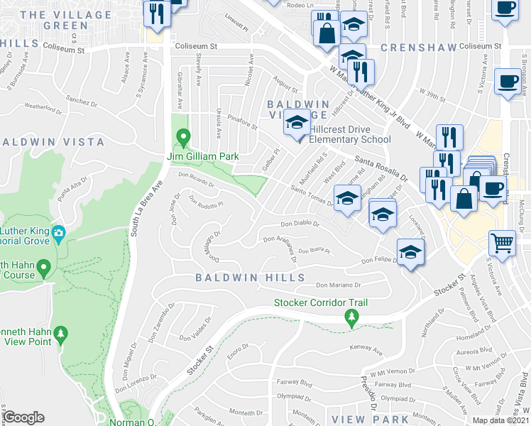 map of restaurants, bars, coffee shops, grocery stores, and more near 4160 Hillcrest Drive in Los Angeles