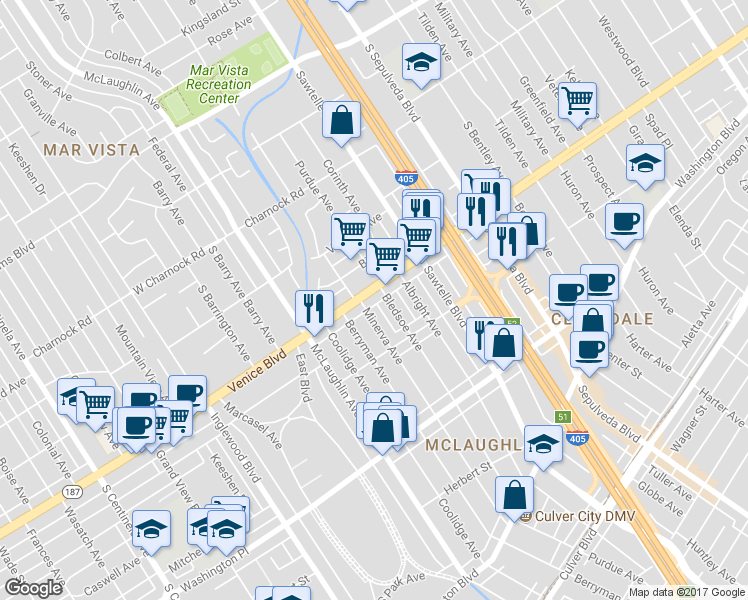 map of restaurants, bars, coffee shops, grocery stores, and more near 3816 Minerva Avenue in Los Angeles