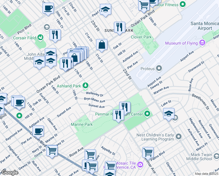 map of restaurants, bars, coffee shops, grocery stores, and more near 1818 Marine Street in Santa Monica