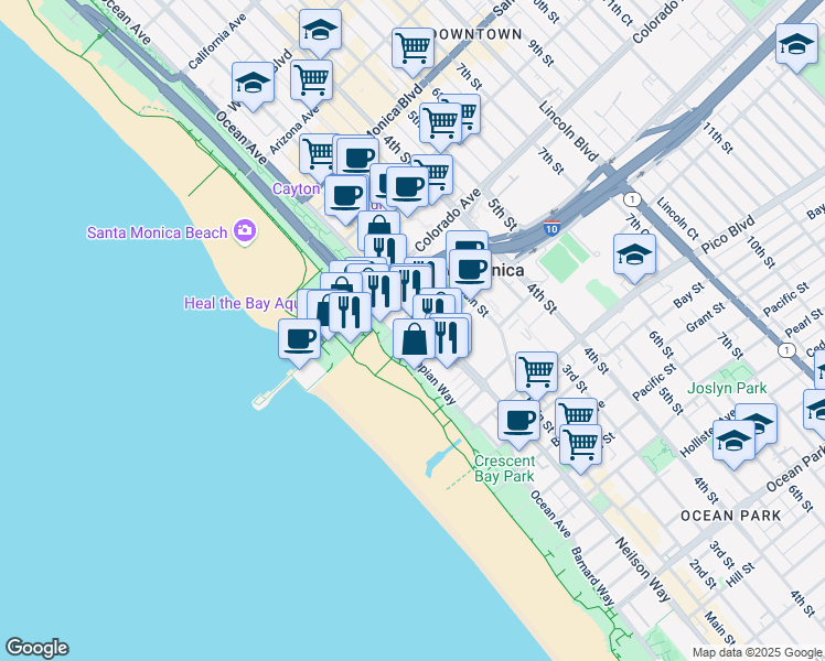 map of restaurants, bars, coffee shops, grocery stores, and more near 1667 Appian Way in Santa Monica