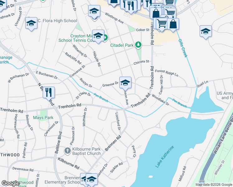 map of restaurants, bars, coffee shops, grocery stores, and more near 1605 Roslyn Drive in Columbia