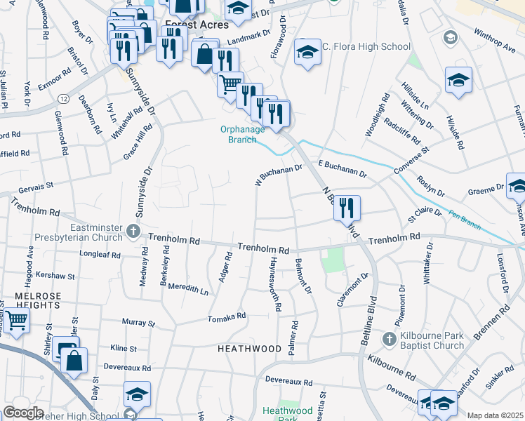 map of restaurants, bars, coffee shops, grocery stores, and more near 1623 West Buchanan Drive in Columbia