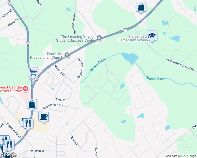 map of restaurants, bars, coffee shops, grocery stores, and more near 448 Banff Drive in Winder