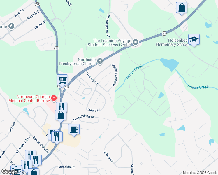 map of restaurants, bars, coffee shops, grocery stores, and more near 687 Majesty Crossing in Winder
