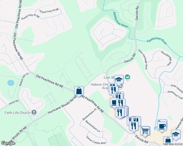 map of restaurants, bars, coffee shops, grocery stores, and more near 661 Valla Crucis Lane in Dacula