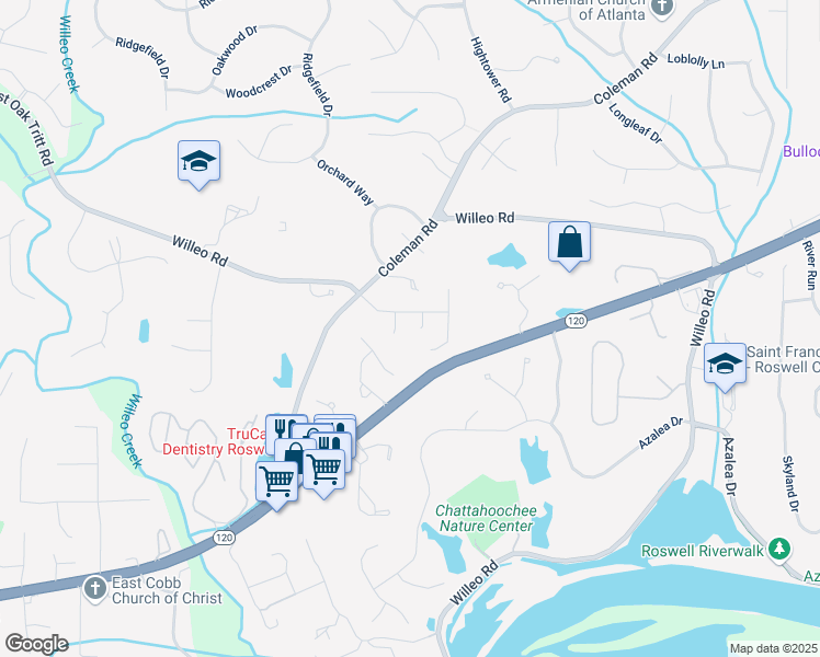 map of restaurants, bars, coffee shops, grocery stores, and more near 7010 Beloit Place in Roswell