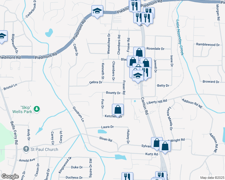 map of restaurants, bars, coffee shops, grocery stores, and more near 694 Bounty Drive in Marietta