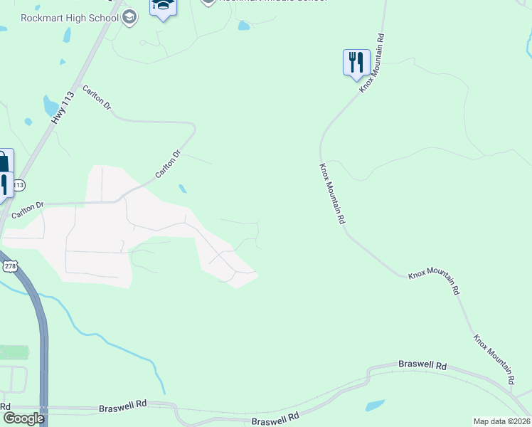 map of restaurants, bars, coffee shops, grocery stores, and more near 526 Fox Trot Walk in Rockmart