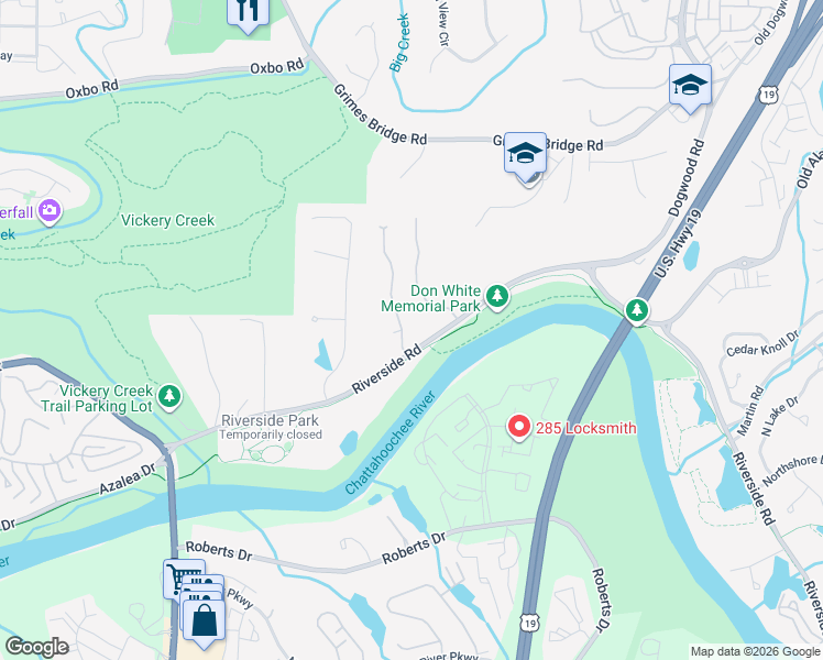 map of restaurants, bars, coffee shops, grocery stores, and more near 710 Riverside Road in Roswell