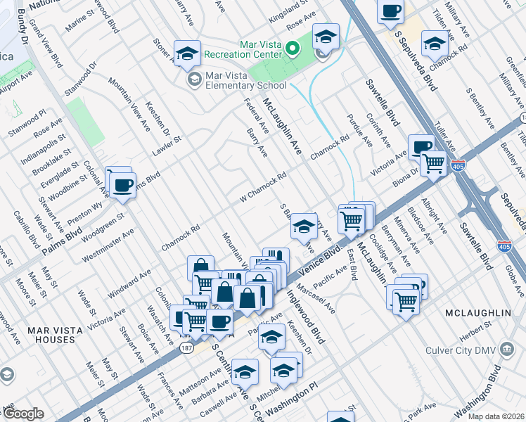 map of restaurants, bars, coffee shops, grocery stores, and more near 11928 Windward Avenue in Los Angeles