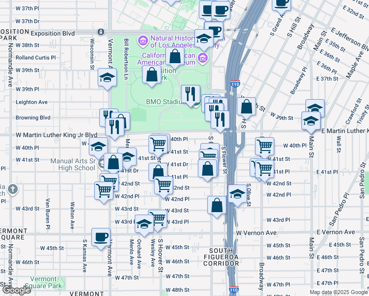 map of restaurants, bars, coffee shops, grocery stores, and more near 638 West 41st Street in Los Angeles