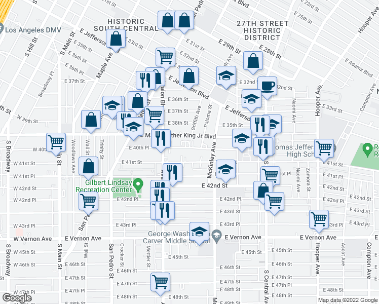 map of restaurants, bars, coffee shops, grocery stores, and more near 718 East 40th Place in Los Angeles