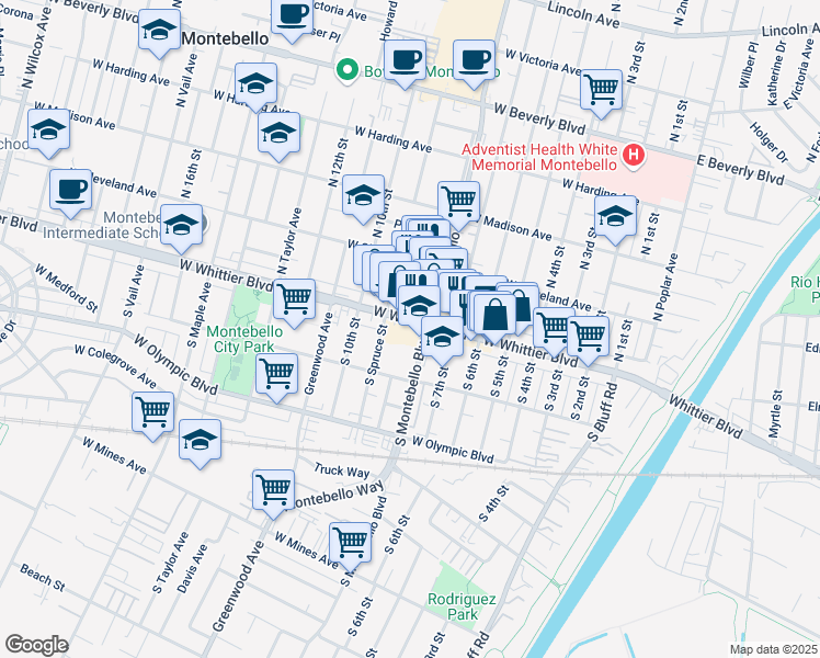 map of restaurants, bars, coffee shops, grocery stores, and more near 125 South Montebello Boulevard in Montebello