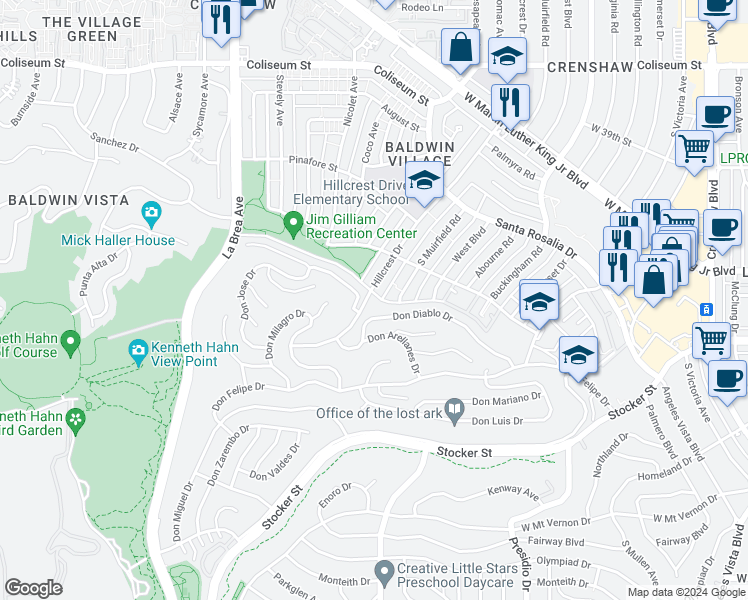 map of restaurants, bars, coffee shops, grocery stores, and more near 4150 Hillcrest Drive in Los Angeles