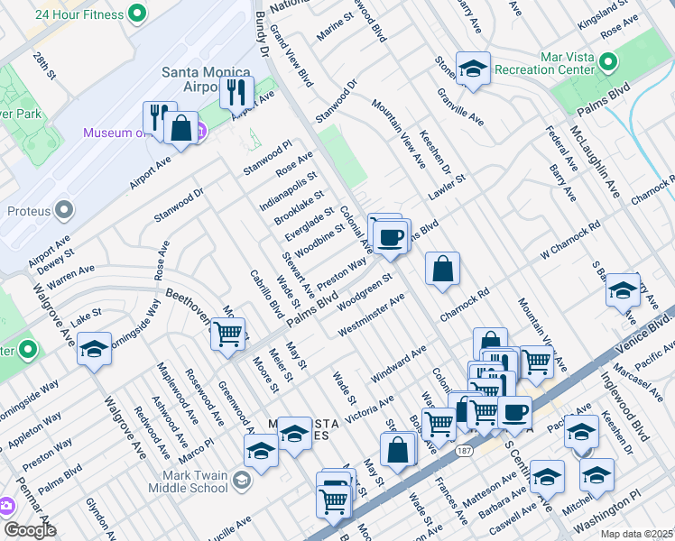 map of restaurants, bars, coffee shops, grocery stores, and more near 12560 Preston Way in Los Angeles