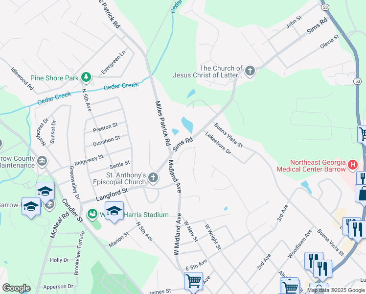 map of restaurants, bars, coffee shops, grocery stores, and more near 142 Williamsburg Way in Winder