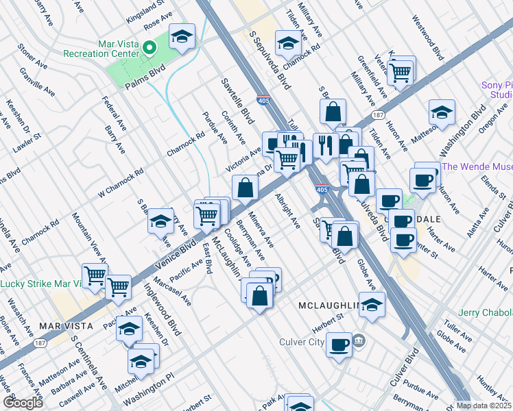 map of restaurants, bars, coffee shops, grocery stores, and more near 11412 Venice Boulevard in Los Angeles