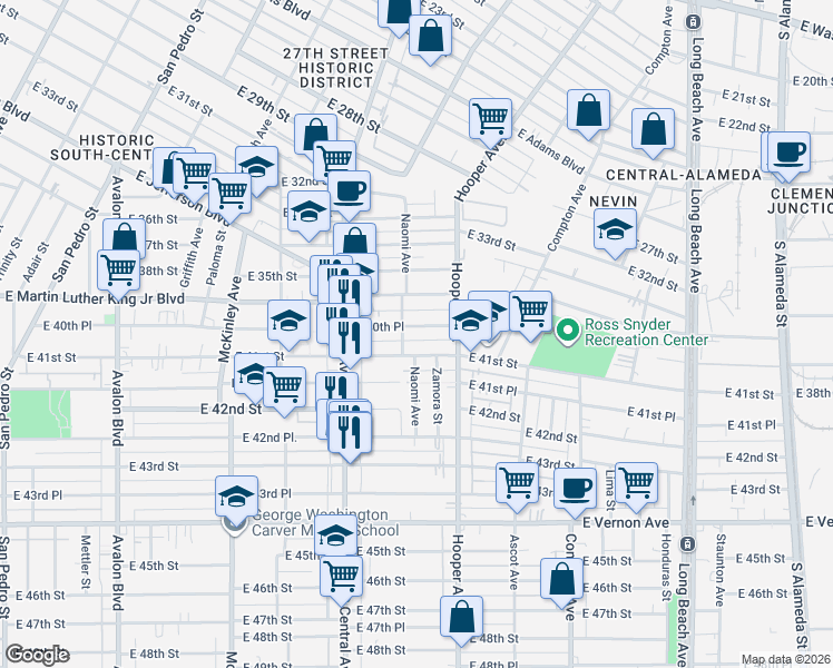 map of restaurants, bars, coffee shops, grocery stores, and more near 1220 East 40th Place in Los Angeles