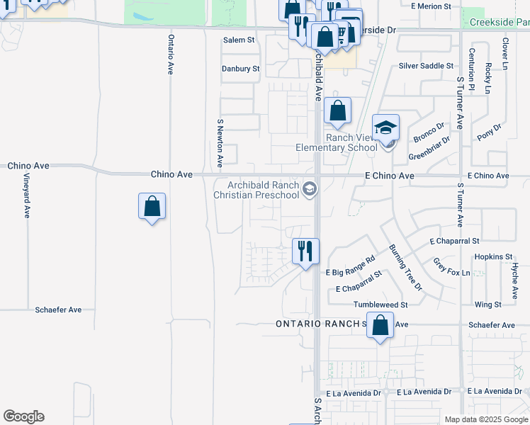 map of restaurants, bars, coffee shops, grocery stores, and more near 9581 Chino Ave in Ontario