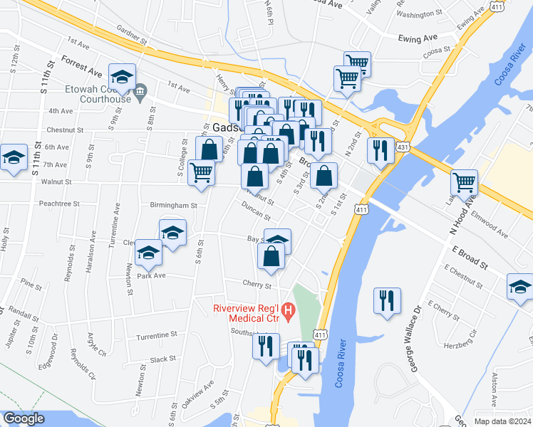 map of restaurants, bars, coffee shops, grocery stores, and more near 244 South 4th Street in Gadsden