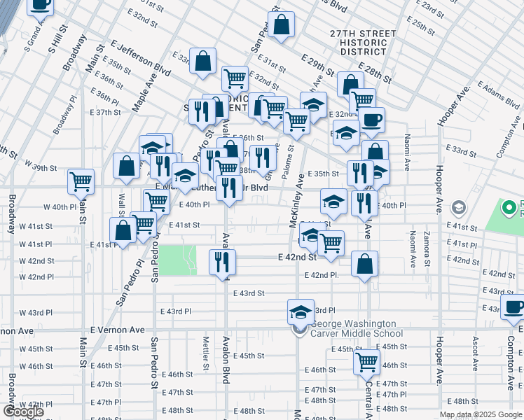 map of restaurants, bars, coffee shops, grocery stores, and more near 718 East 40th Place in Los Angeles
