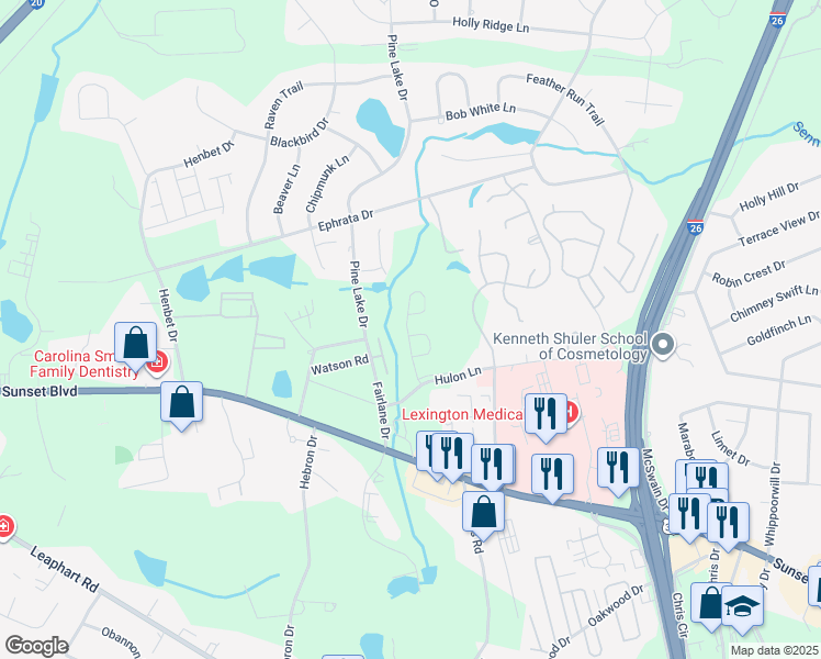 map of restaurants, bars, coffee shops, grocery stores, and more near 1201 Hulon Circle in West Columbia