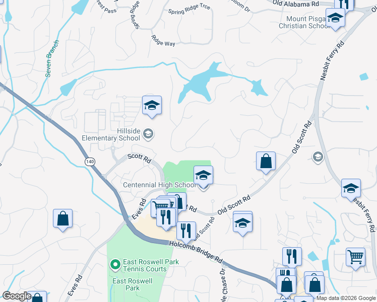 map of restaurants, bars, coffee shops, grocery stores, and more near 9325 Nesbit Lakes Drive in Alpharetta
