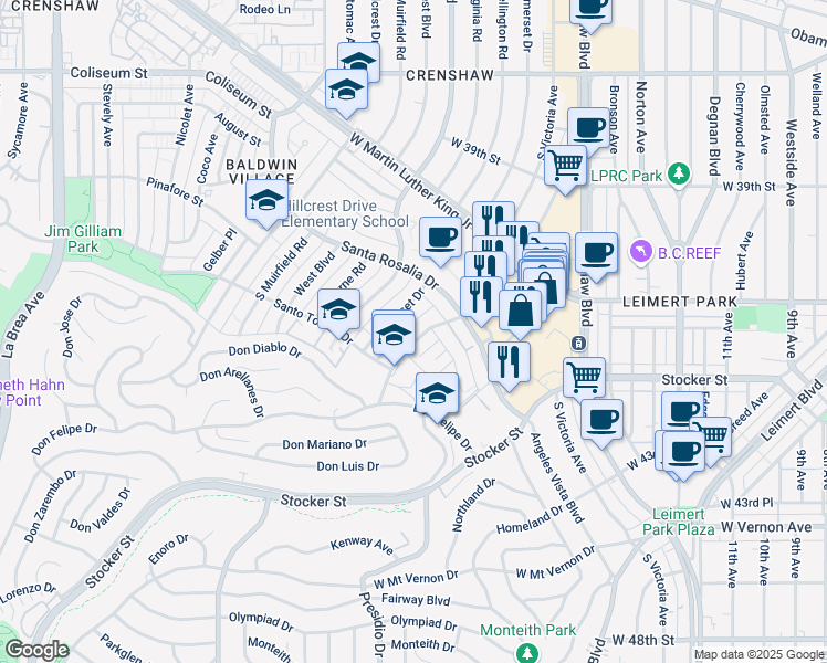 map of restaurants, bars, coffee shops, grocery stores, and more near 4183 Marlton Avenue in Los Angeles