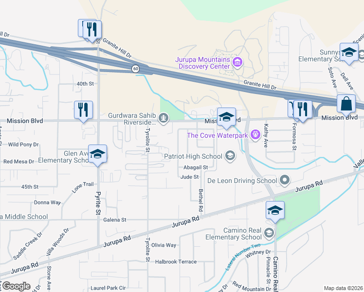 map of restaurants, bars, coffee shops, grocery stores, and more near 4331 Solomon Street in Riverside
