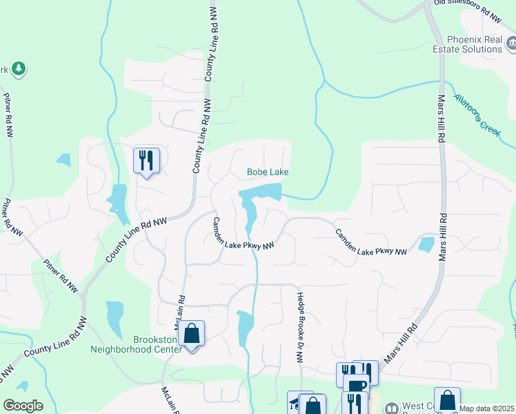map of restaurants, bars, coffee shops, grocery stores, and more near 2370 Camden Lake Circle Northwest in Acworth