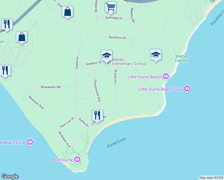 map of restaurants, bars, coffee shops, grocery stores, and more near 7059 Fernhill Drive in Malibu